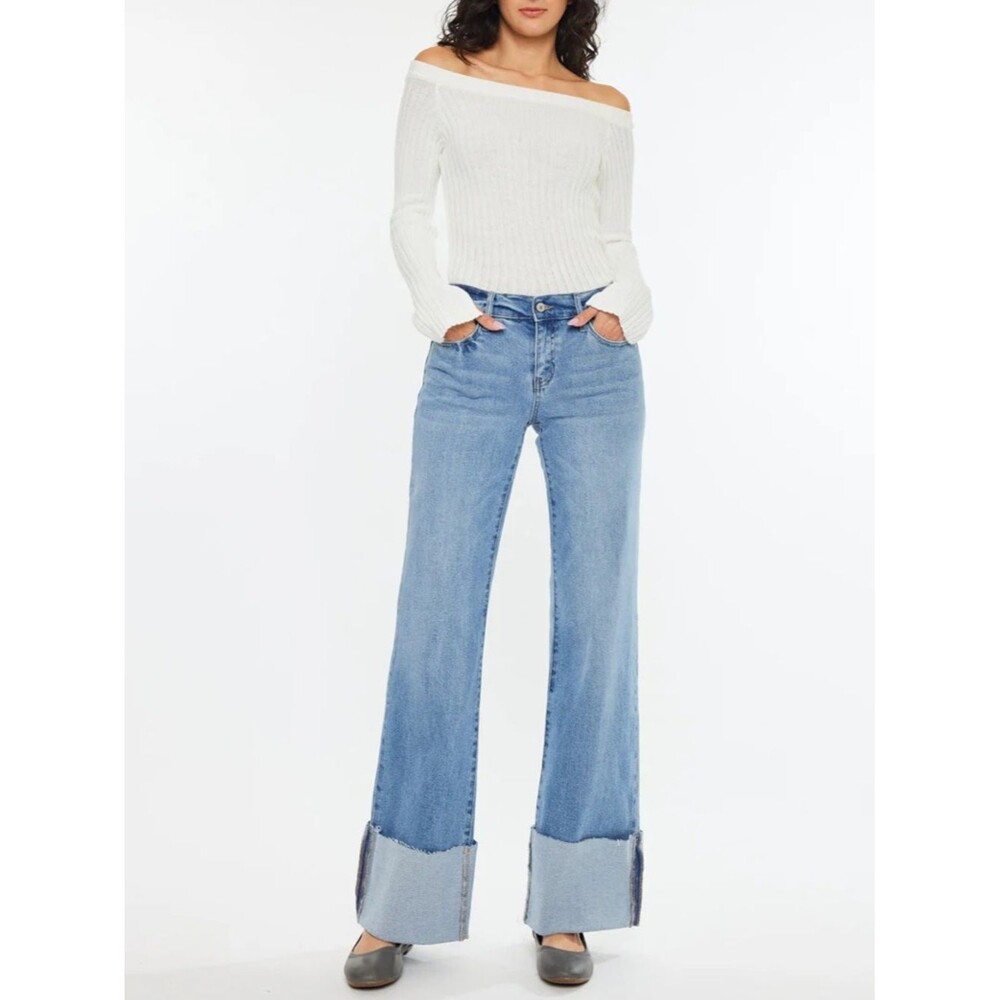 Kancan Emma Medium Wash Mid Rise Baggy Wide Leg Flare Jeans Women’s Size 15 31